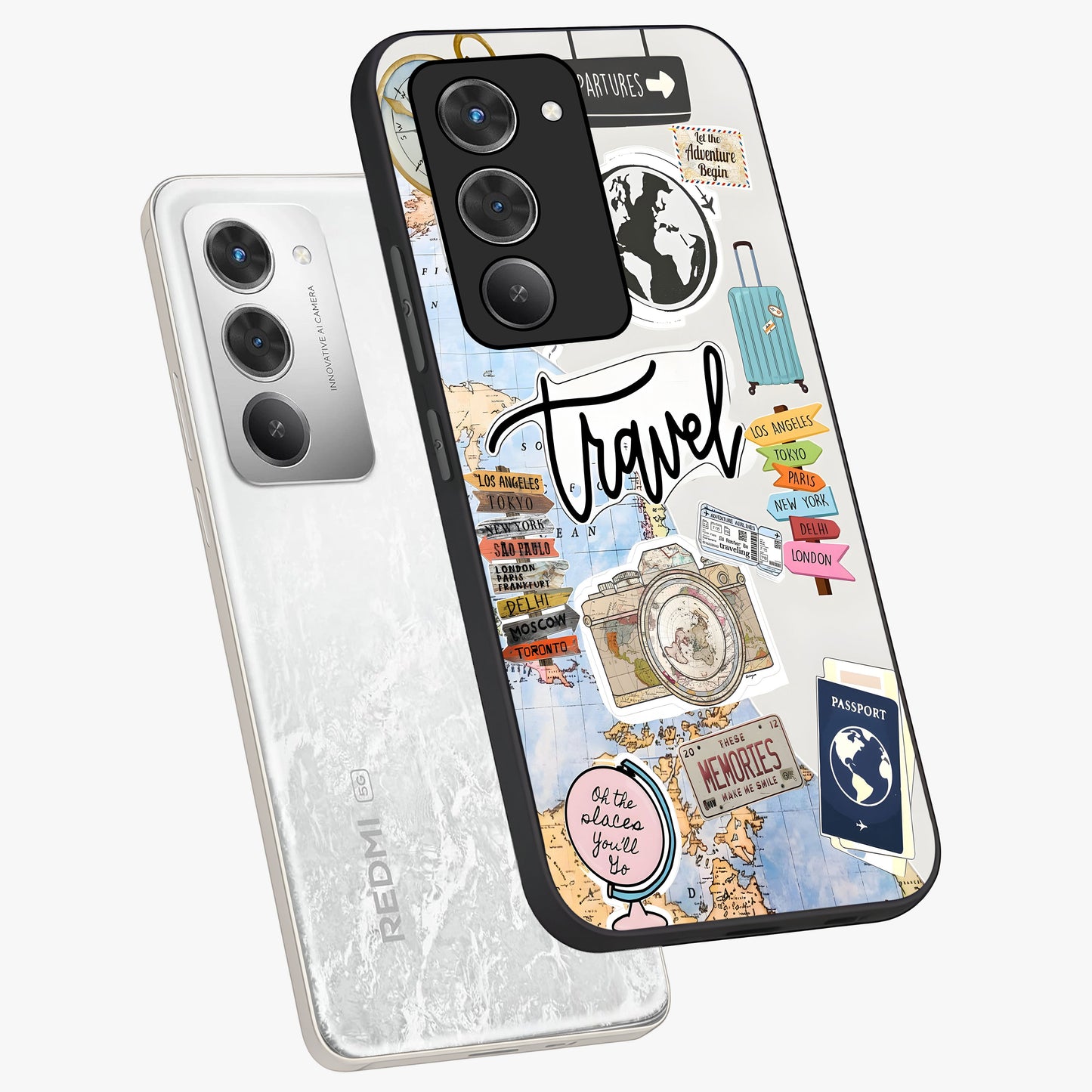 Wanderlust Journal Glass Case displayed in angled mockup highlighting adventure themed design with aesthetic travel vibe.
