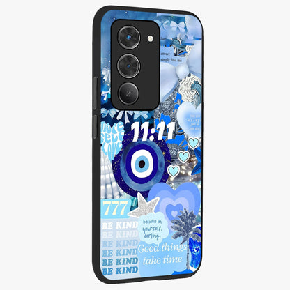 Aesthetic Be Kind Eye Glass Case upright view showcasing stylish eye illustration with positive message theme.