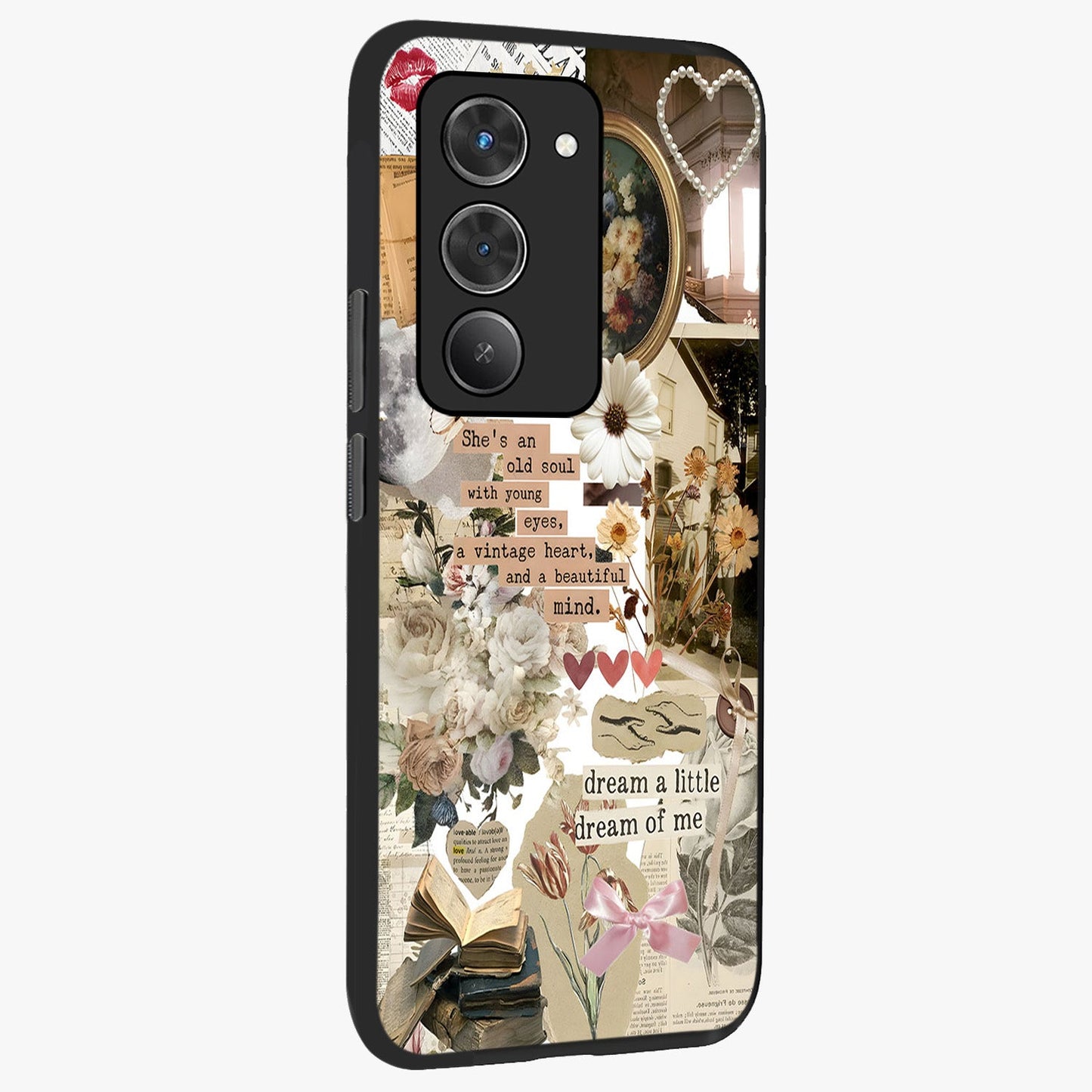 Aesthetic Brown Vintage Collage Glass Case upright view showcasing nostalgic retro artwork with stylish vintage theme.