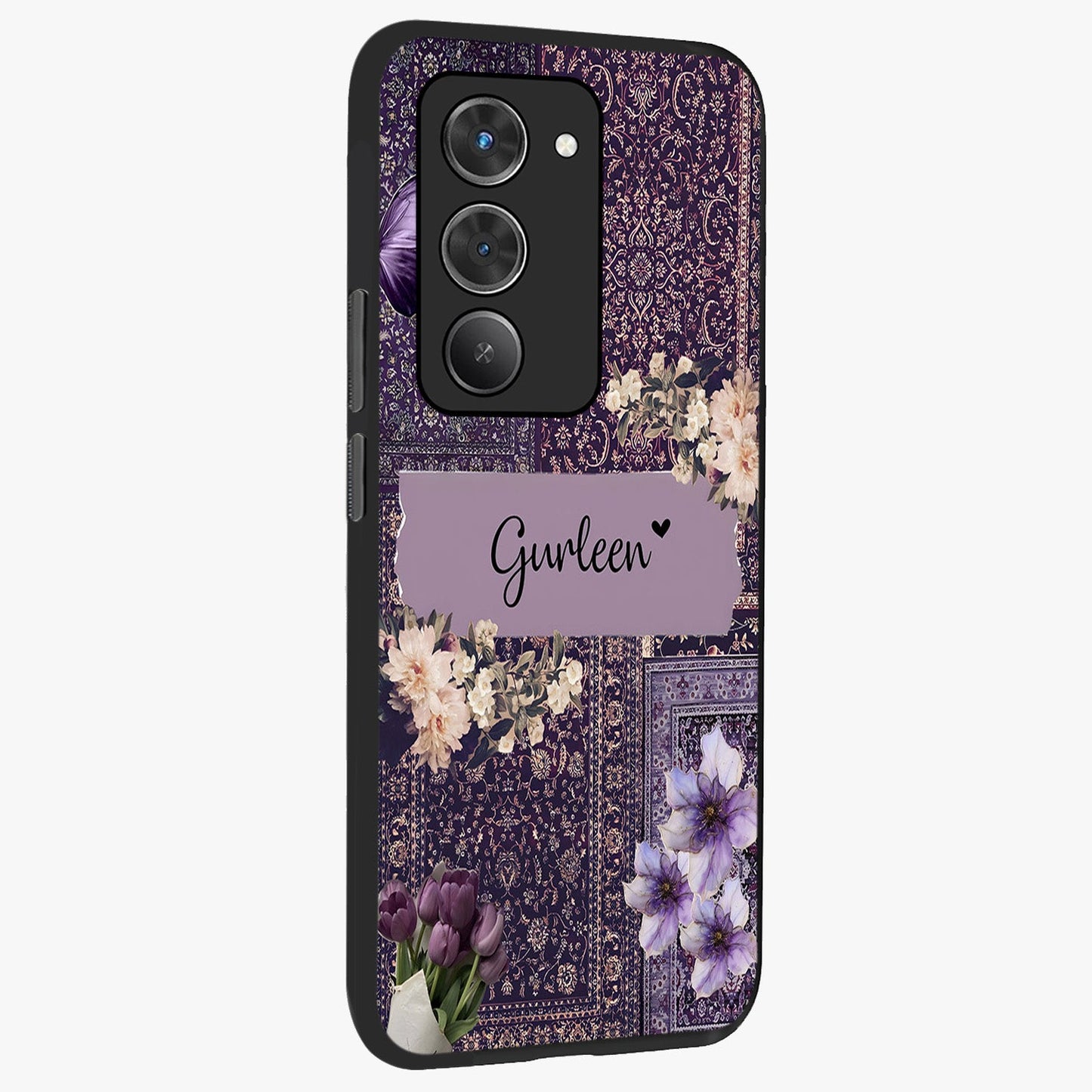 Antique Floral Whisper Custom Name Glass Case upright view showcasing delicate floral artwork with custom name feature.