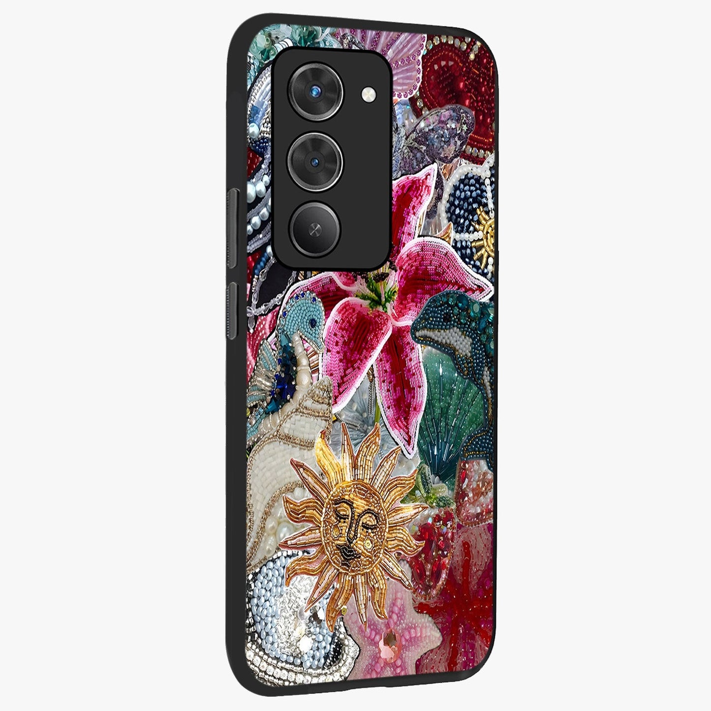 Beaded Garden Fantasy Glass Case upright view showcasing whimsical garden aesthetic with artistic bead details.