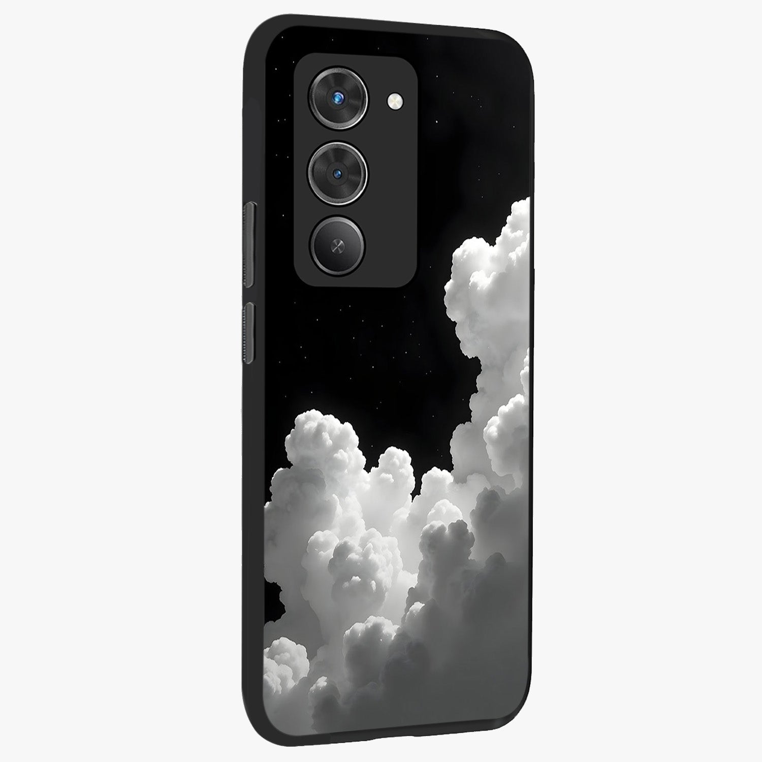 Black Background With White Cloud Glass Case upright view showcasing calm cloud aesthetic with modern minimal style.