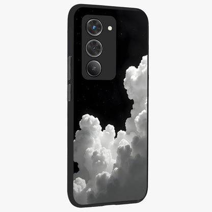 Black Background With White Cloud Glass Case upright view showcasing calm cloud aesthetic with modern minimal style.