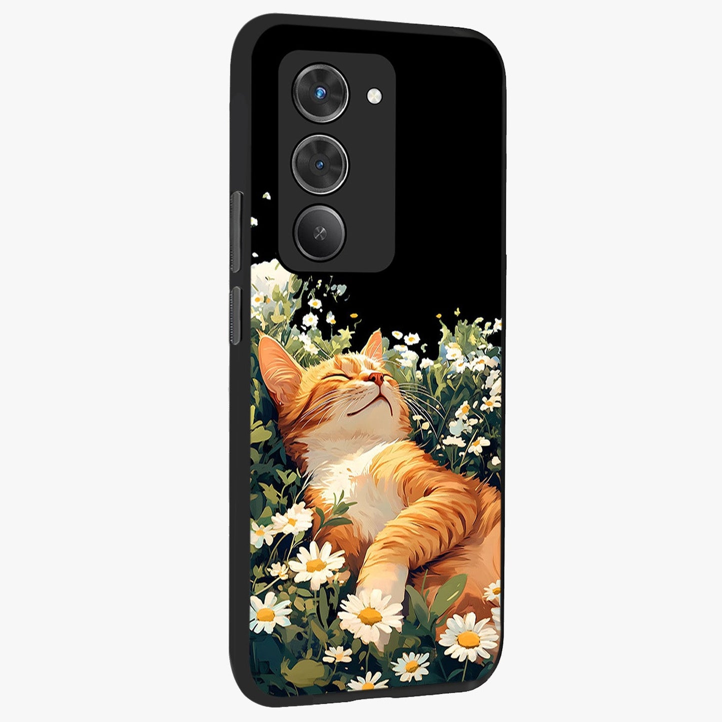 Blissful Bloom Cat Glass Case upright view showcasing charming cat design surrounded by blooming floral elements.