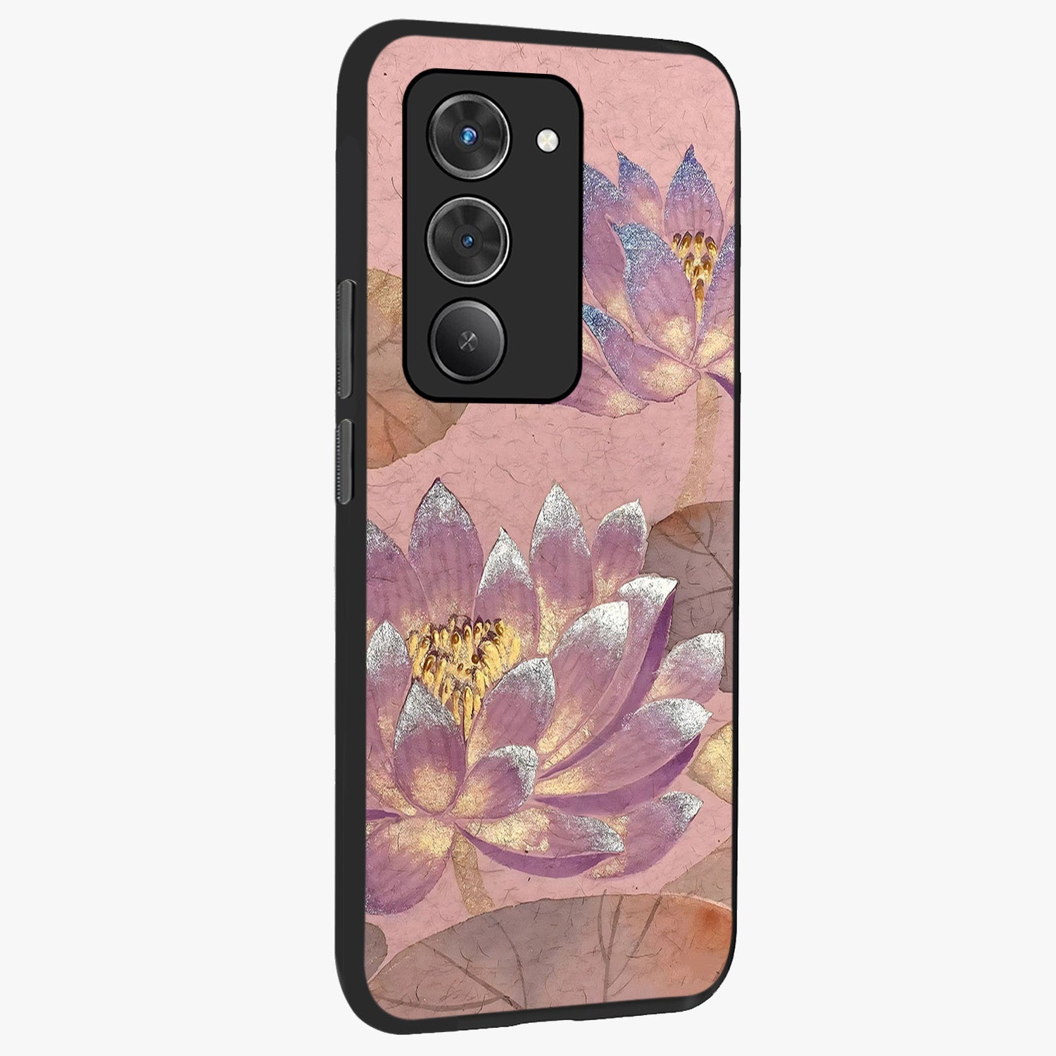 Blossom Mist Lotus Glass Case upright view showcasing graceful lotus flower design with peaceful botanical style.
