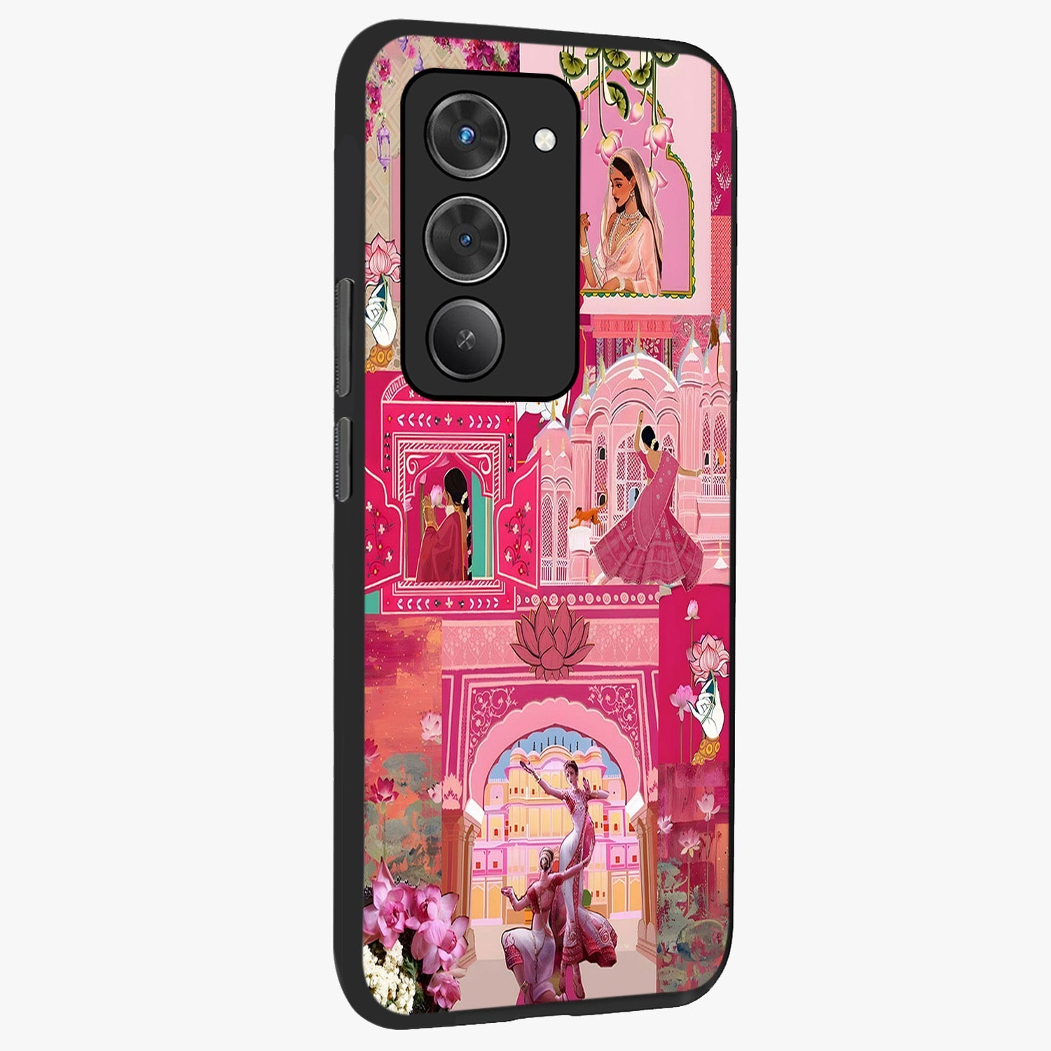 Blossoms of Rajasthan Glass Case upright view showcasing colorful floral design inspired by traditional Indian art.