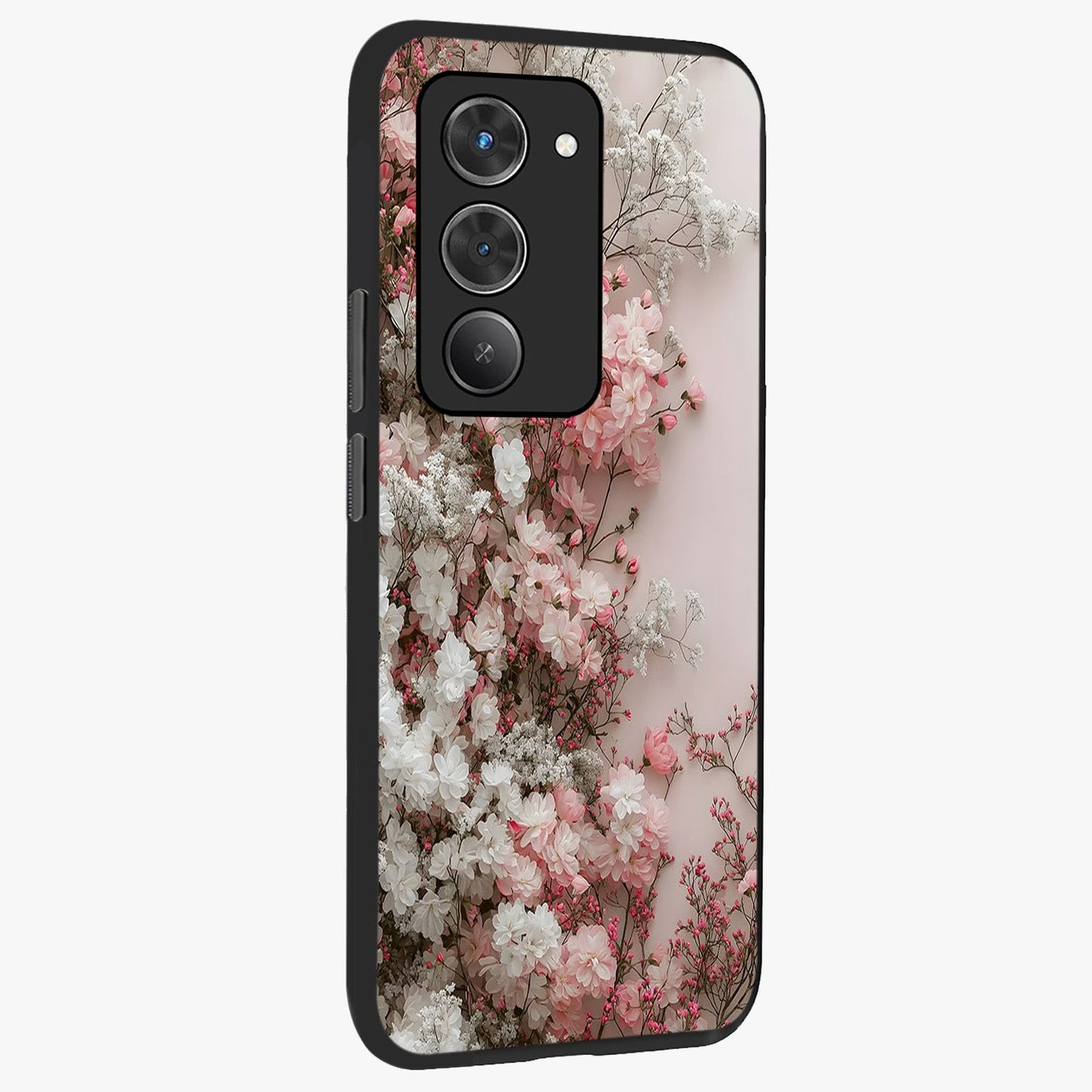 Blush Blossom Cloud Glass Case upright view showcasing calm floral cloud artwork with gentle dreamy theme.