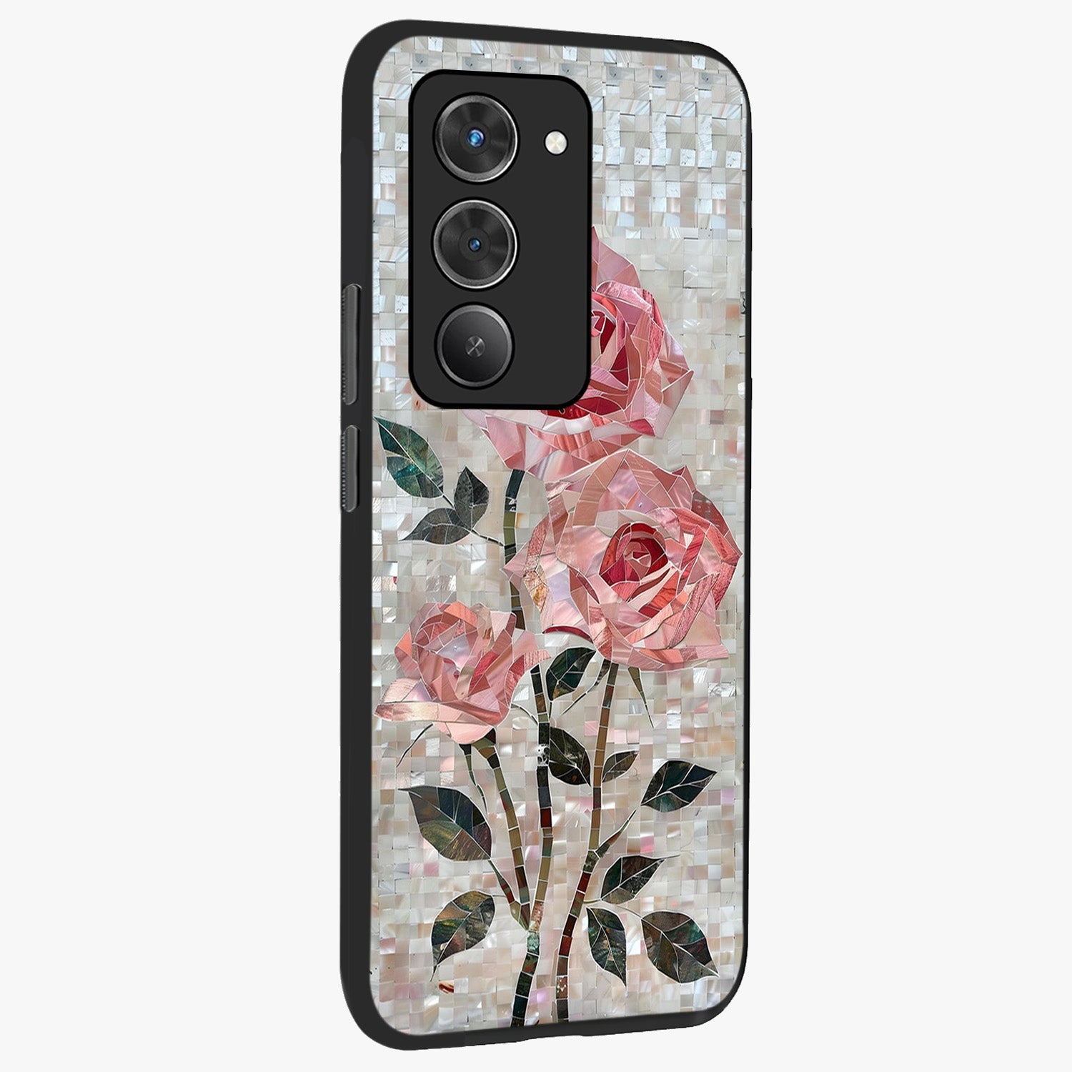 Blush Mosaic Bloom Glass Case upright view showcasing decorative floral mosaic artwork with stylish modern aesthetic.