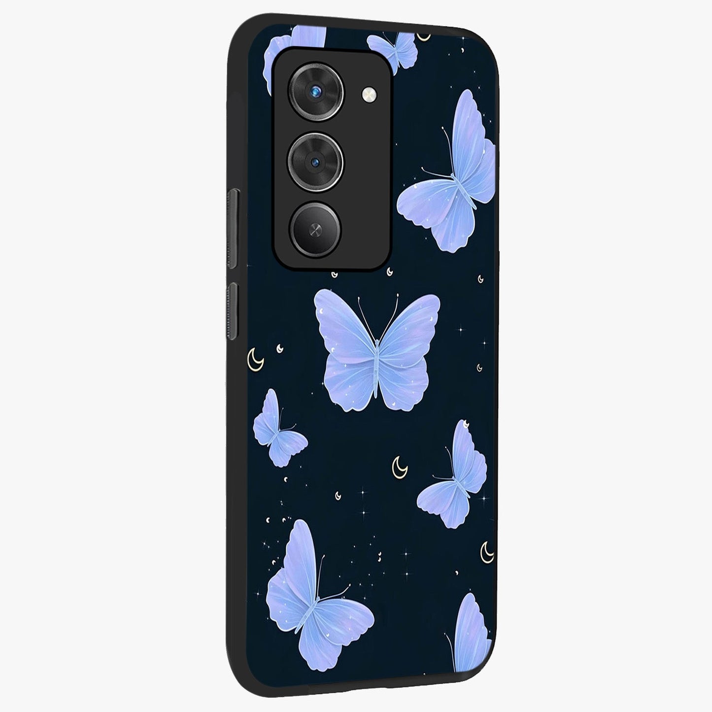 Butterfly With Stars Pattern Glass Case upright view showcasing celestial butterfly artwork with sparkling star elements.