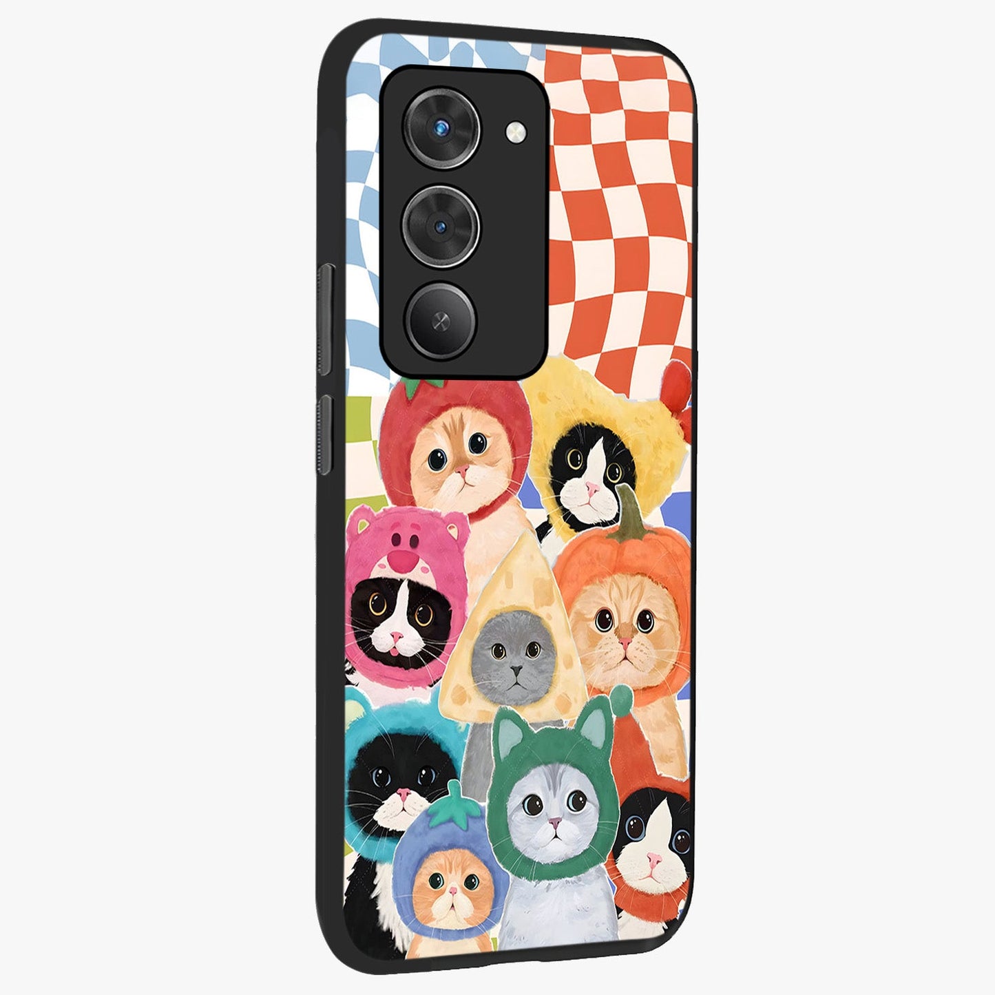Cats in Fruits Glass Case upright view showcasing charming cat artwork with fun fruity theme.