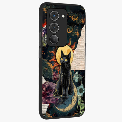 Celestial Black Cat Glass Case upright view showcasing magical black cat illustration with starry cosmic theme.