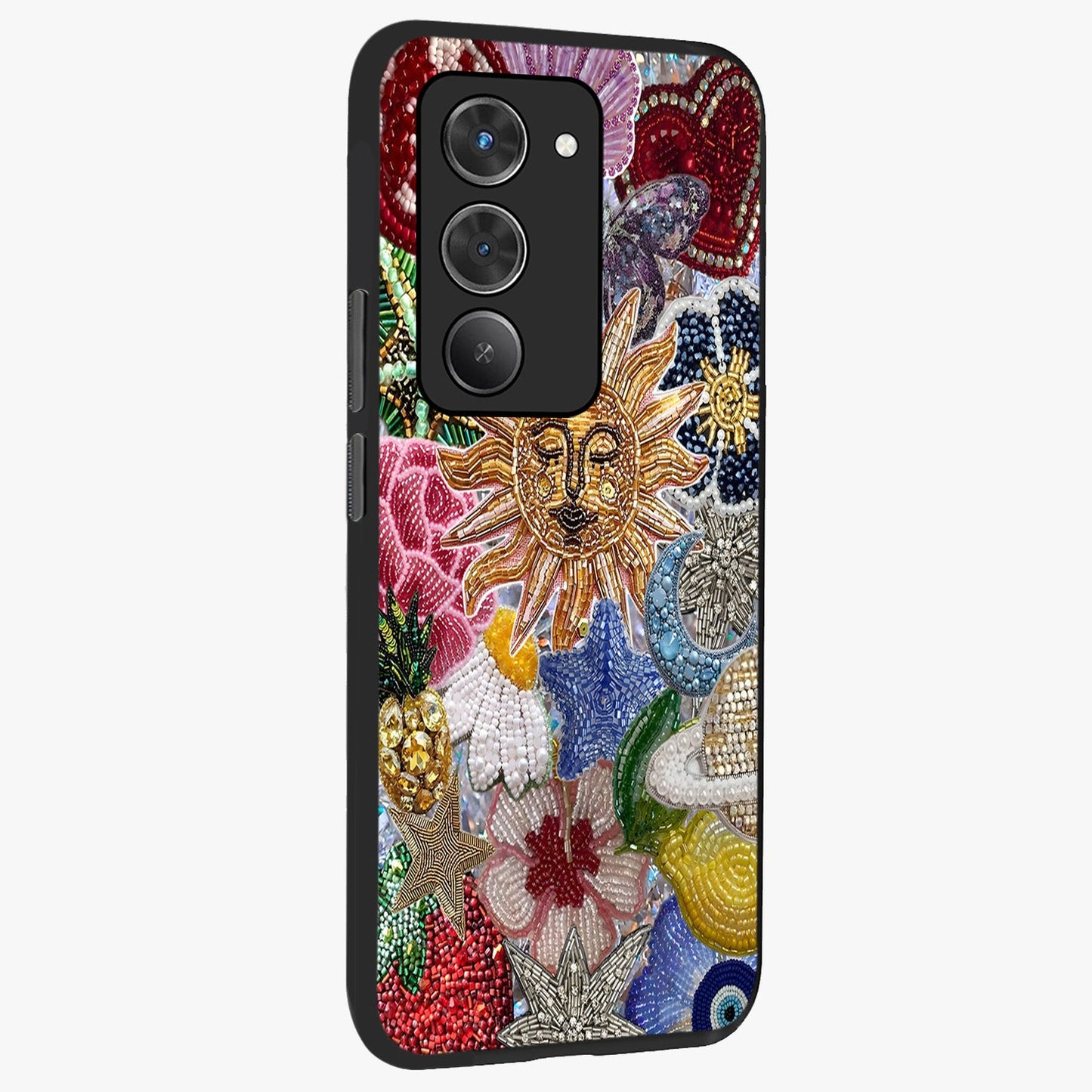 Celestial Floral and Playful Glass Case upright view showcasing whimsical floral artwork with cosmic aesthetic theme.