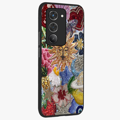 Celestial Floral and Playful Glass Case upright view showcasing whimsical floral artwork with cosmic aesthetic theme.