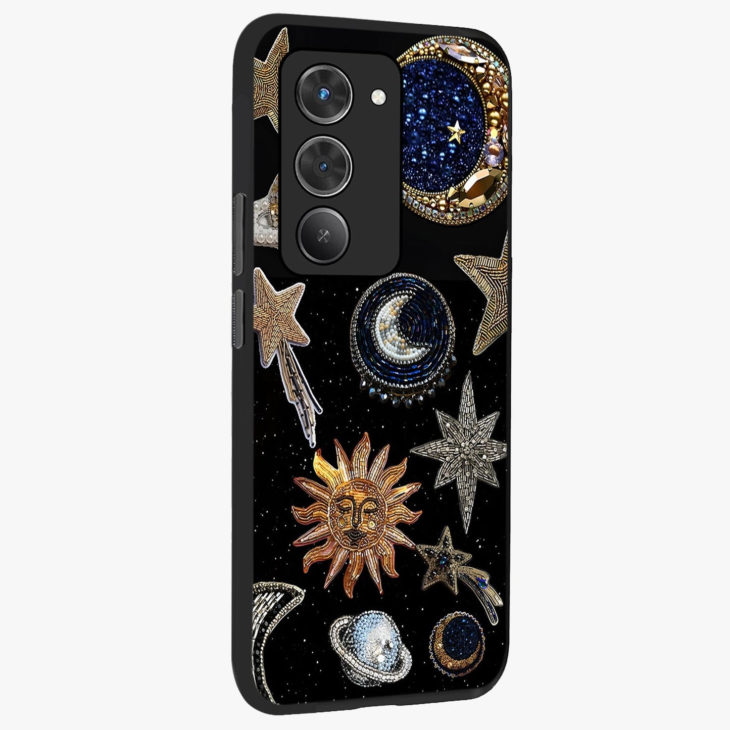 Celestial Gem Constellations Glass Case upright view showcasing cosmic constellation artwork with celestial aesthetic style.