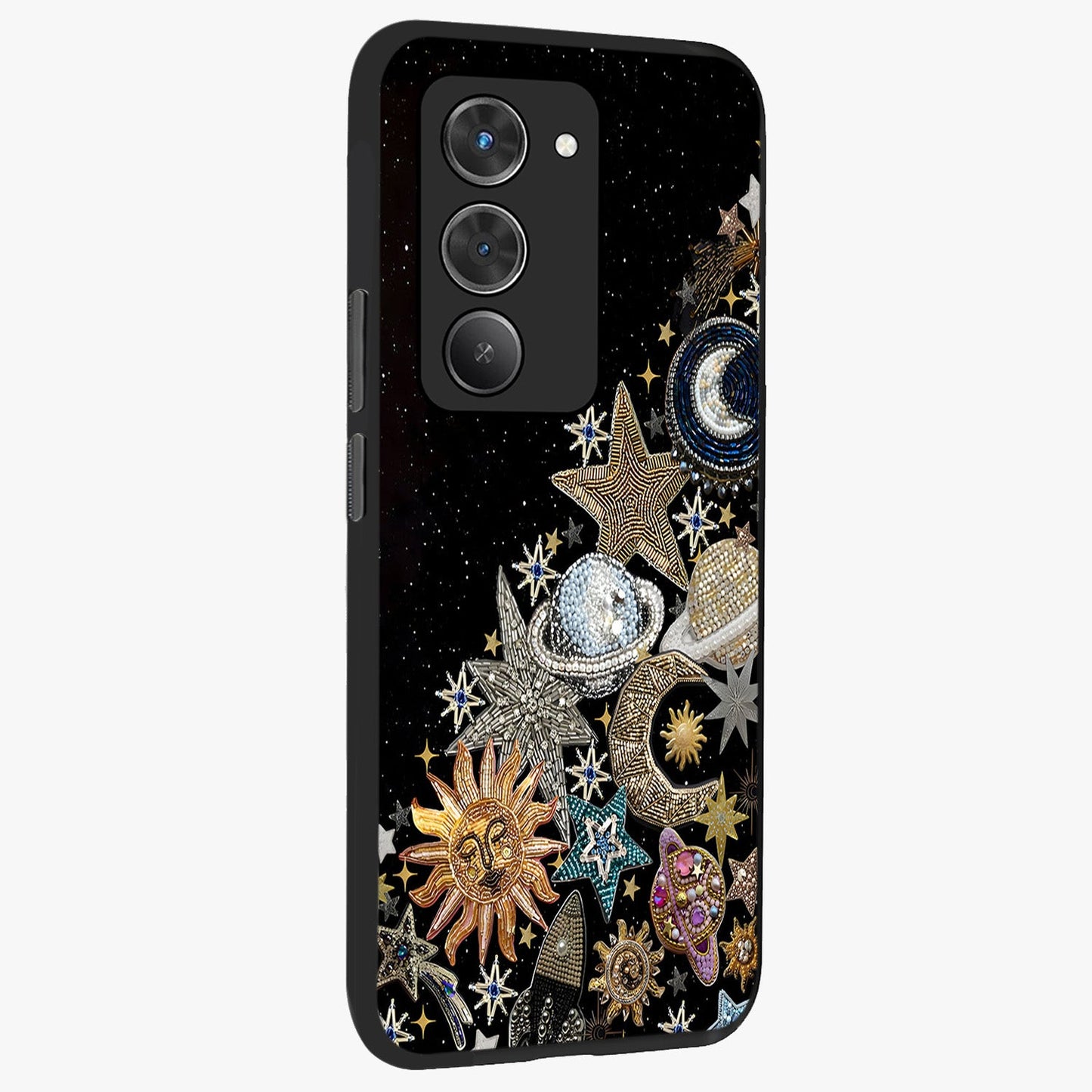 Cosmic Sparkle Dreams Glass Case upright view showcasing glowing cosmic artwork with magical galaxy theme.