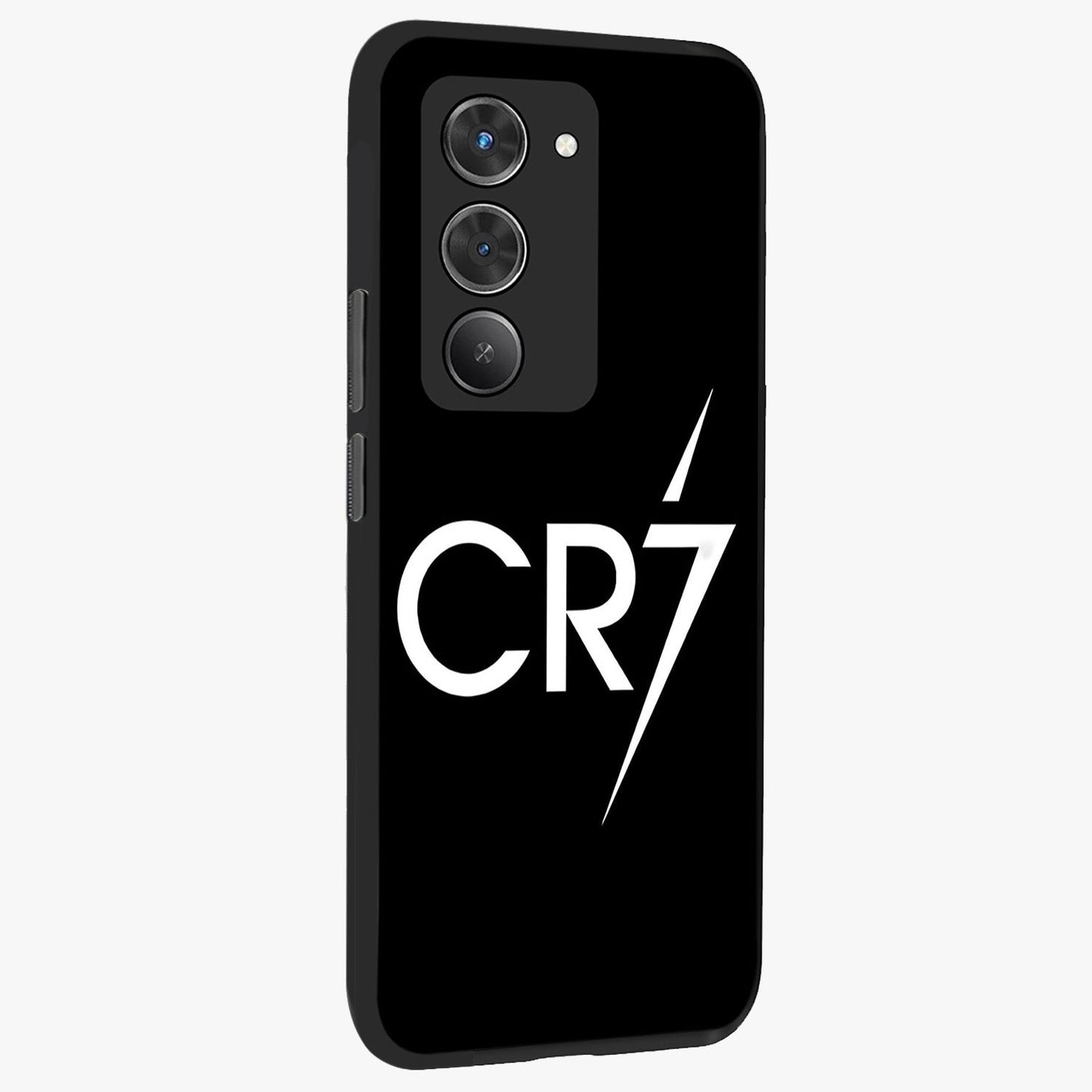 Cr7 Elite Strike Glass Case upright view showcasing energetic football inspired design with modern sports aesthetic.
