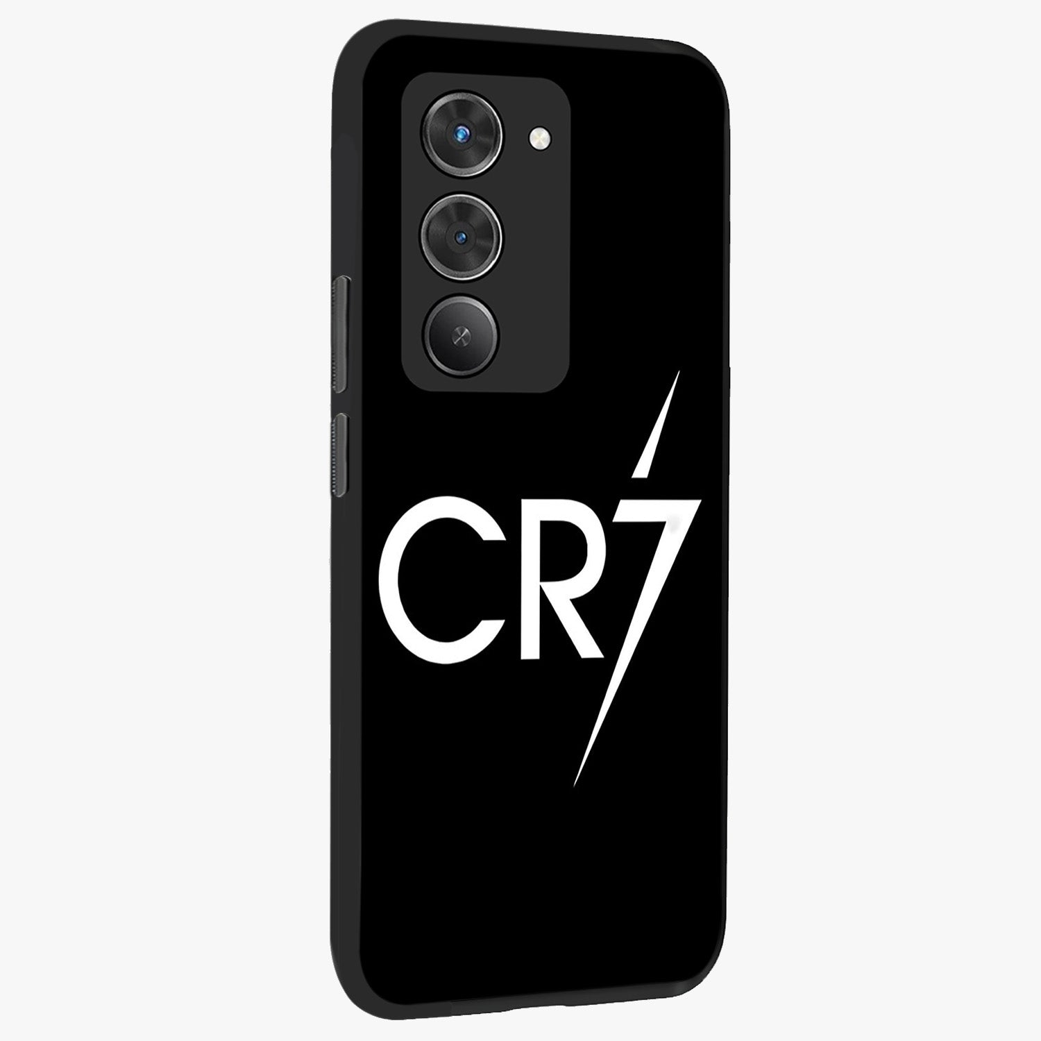 Cr7 Elite Strike Glass Case upright view showcasing energetic football inspired design with modern sports aesthetic.