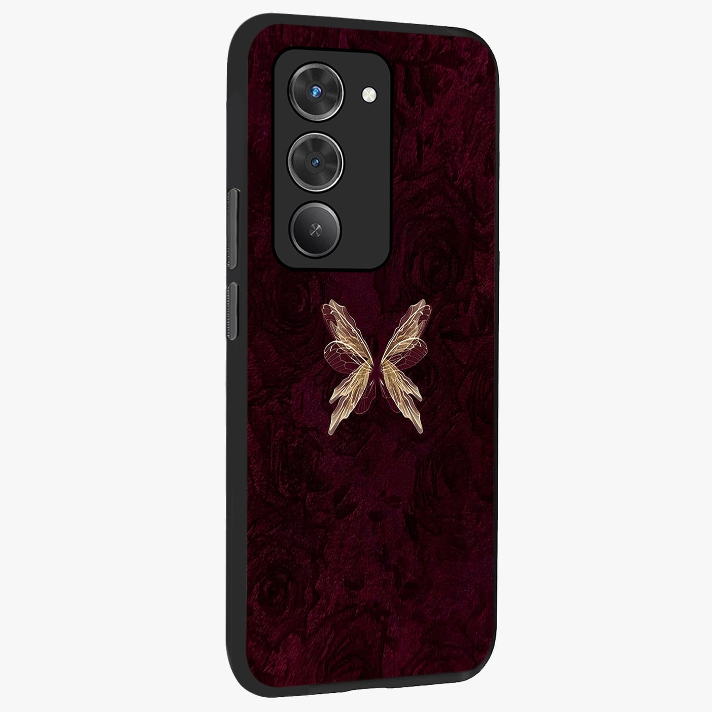 Crimson Fade Butterfly Glass Case upright view showcasing graceful butterfly artwork with soft crimson fade effect.