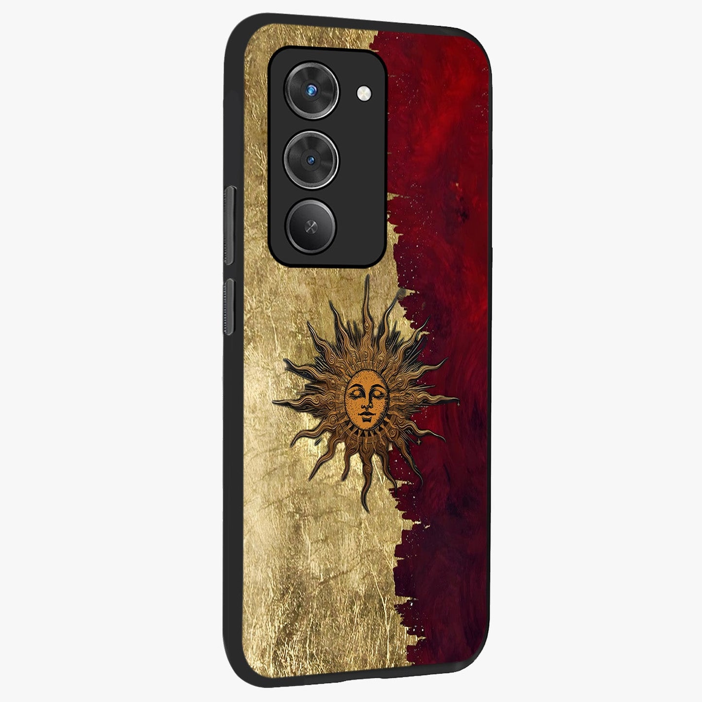 Crimson Sun Majesty Glass Case upright view showcasing vibrant sun artwork with powerful celestial theme.
