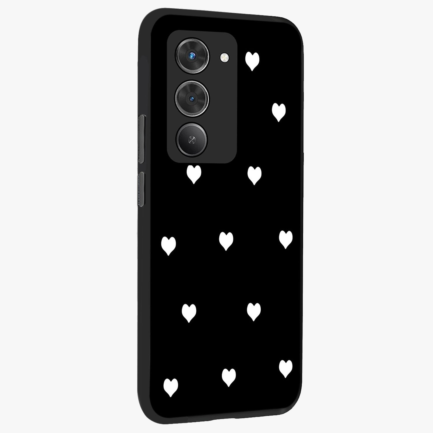 Cute And Simple White Hearts Glass Case upright view showcasing simple white hearts artwork with soft minimal theme.