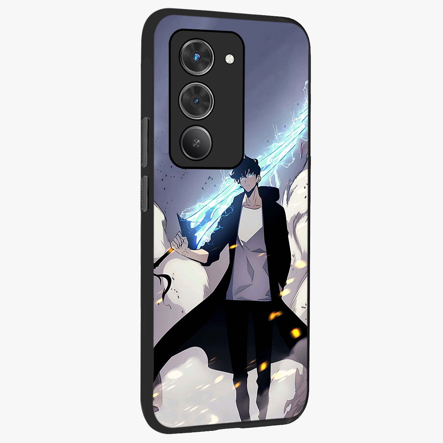 Dark Lightning Anime Warrior Glass Case upright view showcasing dramatic warrior artwork with dark lightning aesthetic.
