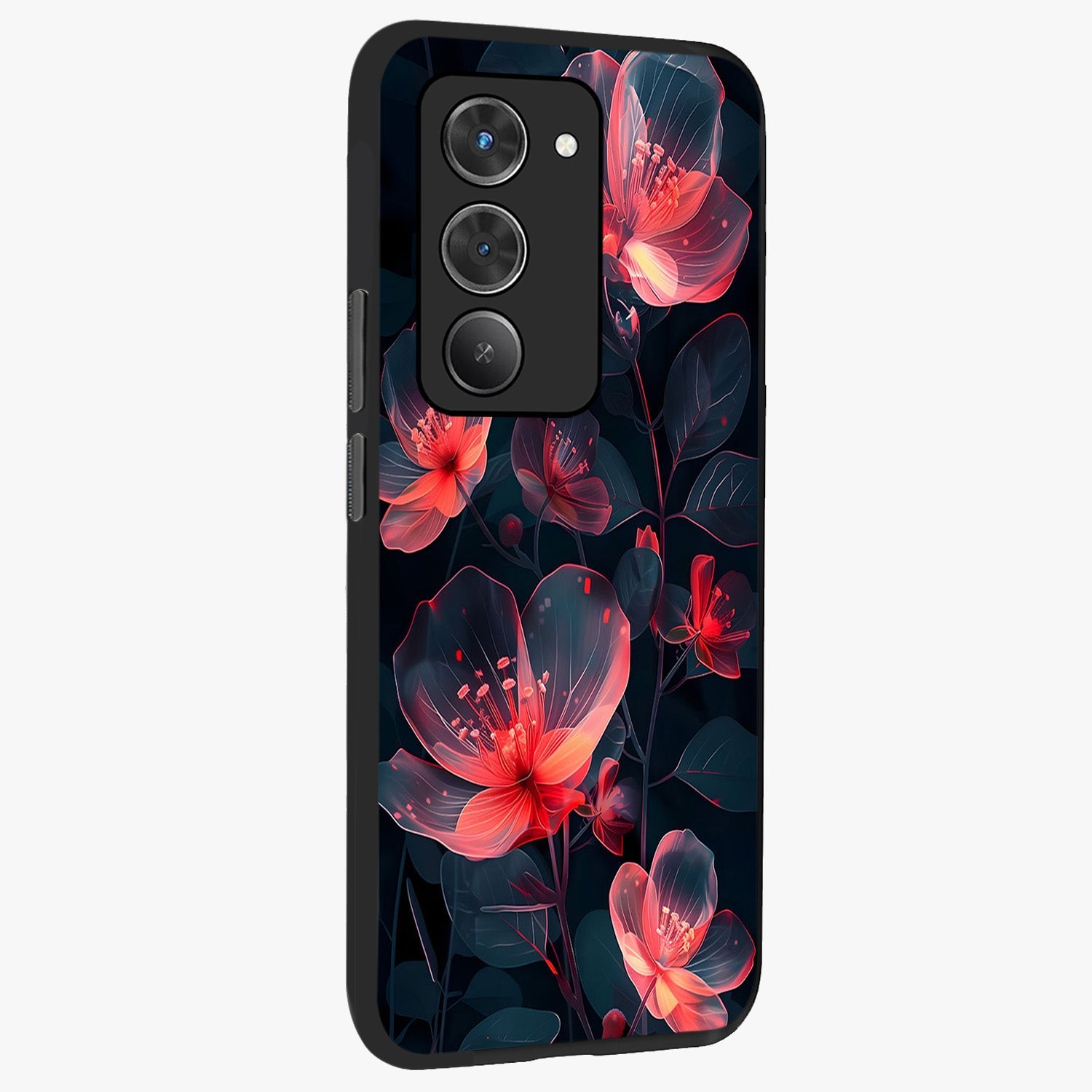 Dark Shade of Flower Glass Case upright view showcasing delicate flower artwork with rich dark floral theme.