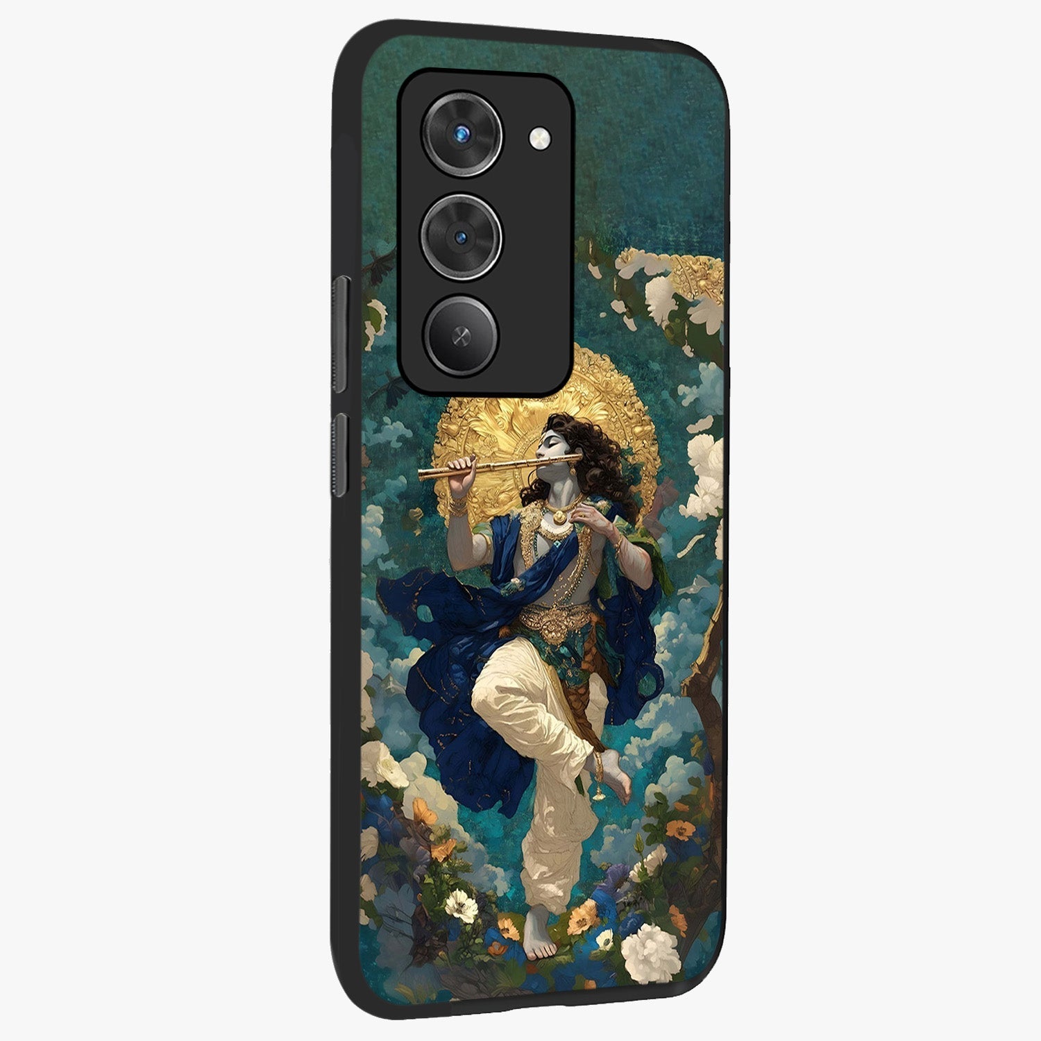 Divine Krishna Art Glass Case upright view showcasing divine Krishna artwork with sacred artistic theme.