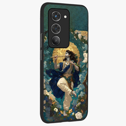 Divine Krishna Art Glass Case upright view showcasing divine Krishna artwork with sacred artistic theme.