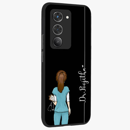 Doctor Pattern Custom Name Glass Case upright view showcasing healthcare themed design with personalized aesthetic.