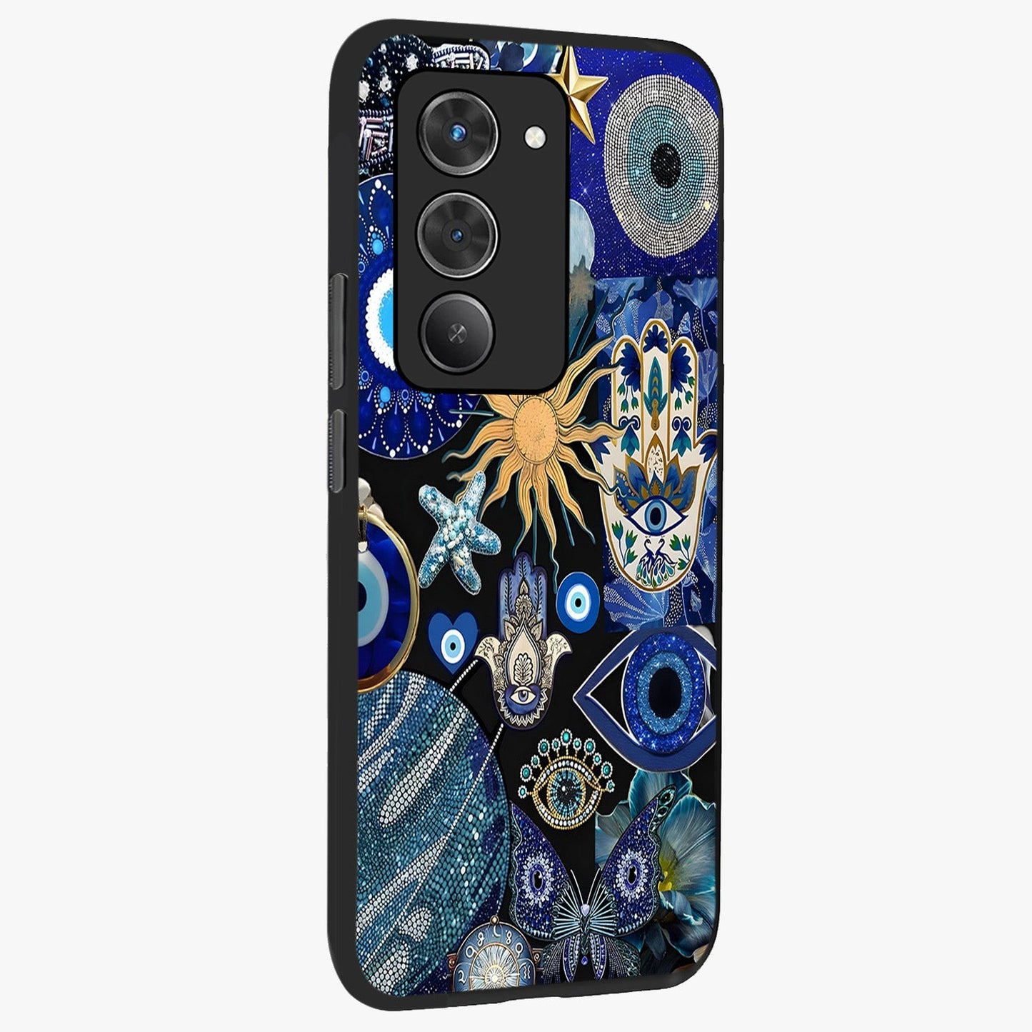 Evil Eye Charm Mix Glass Case upright view showcasing mystical evil eye pattern with vibrant decorative style.