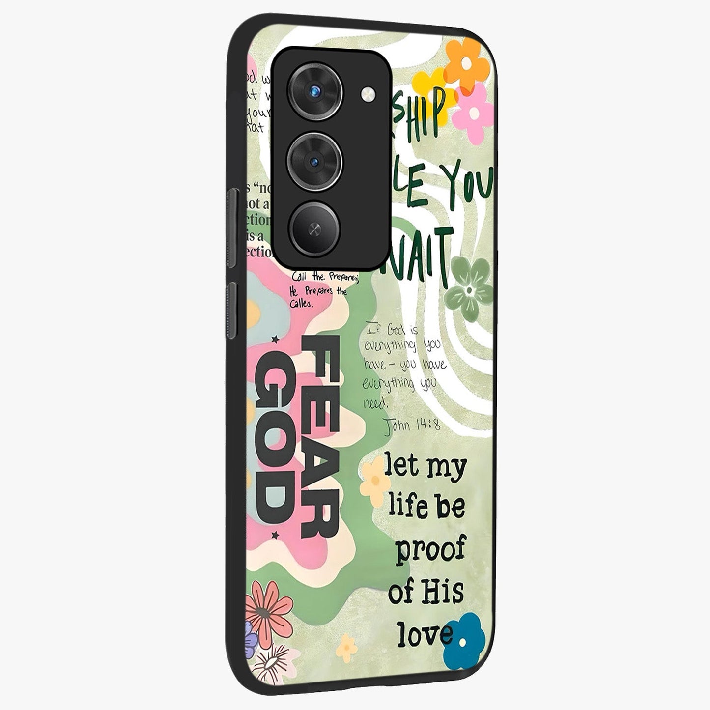 Faith Over Fear Glass Case upright view showcasing bold typography artwork with uplifting motivational theme.