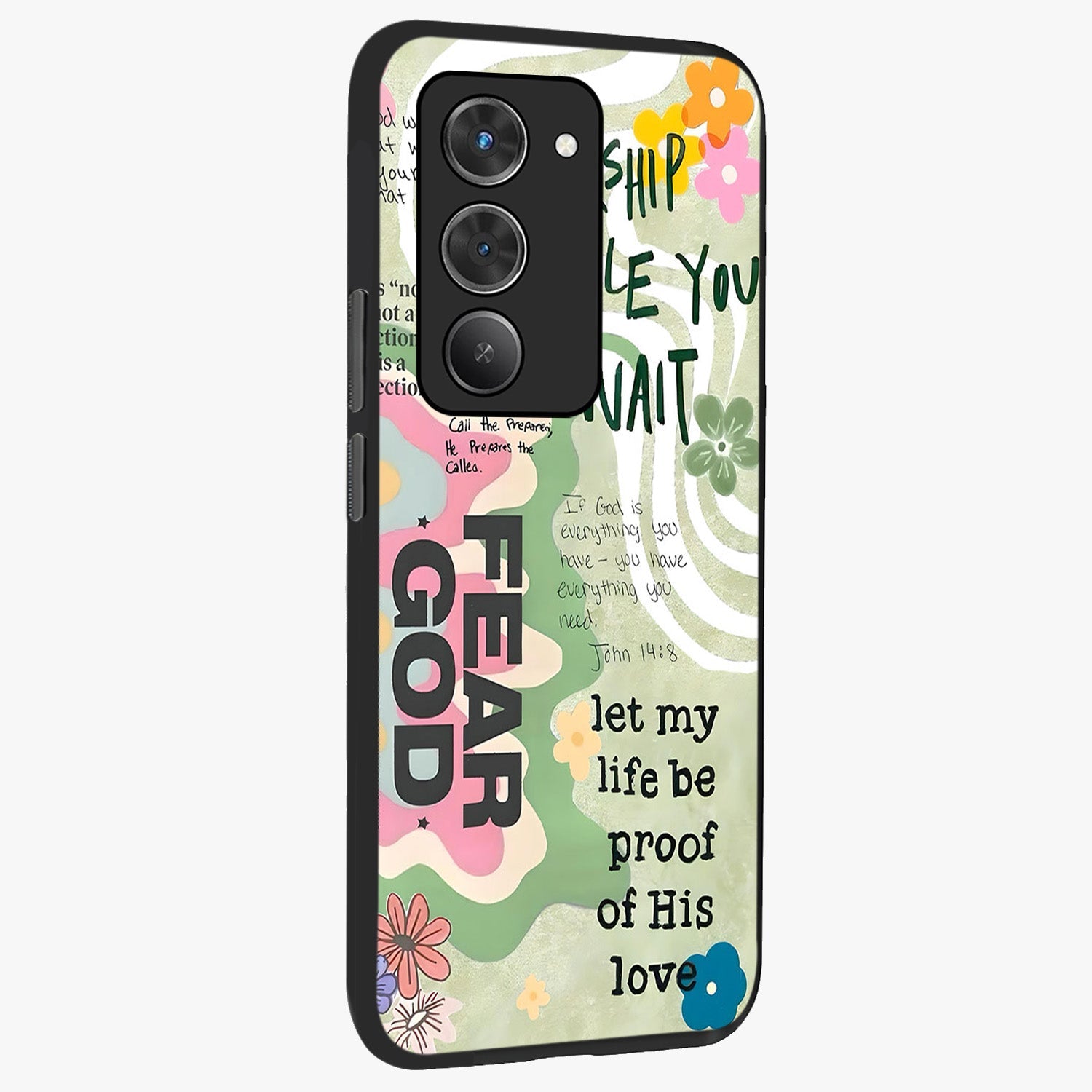 Faith Over Fear Glass Case upright view showcasing bold typography artwork with uplifting motivational theme.