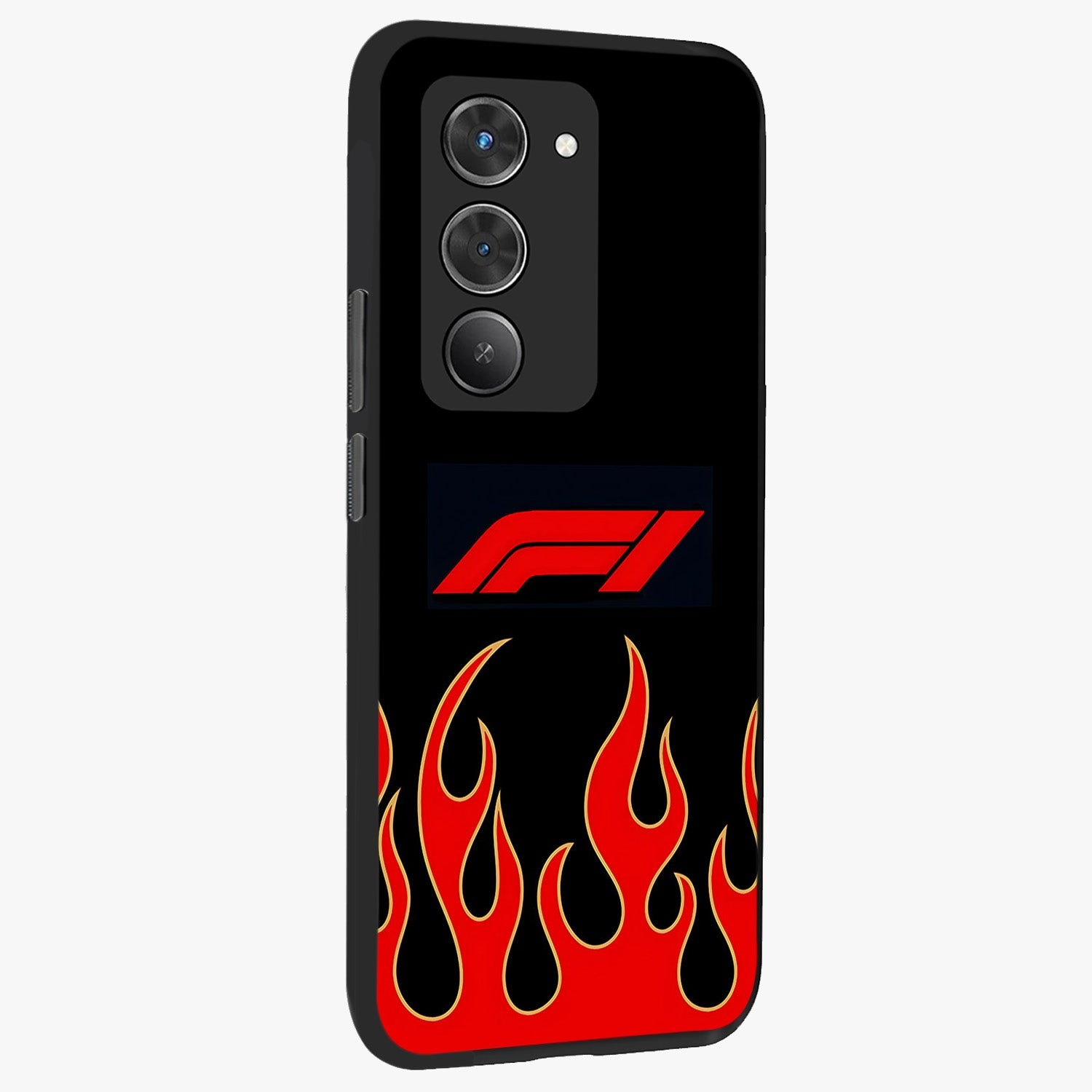 Fire F11 Glass Case upright view showcasing dynamic flame artwork with intense visual theme.