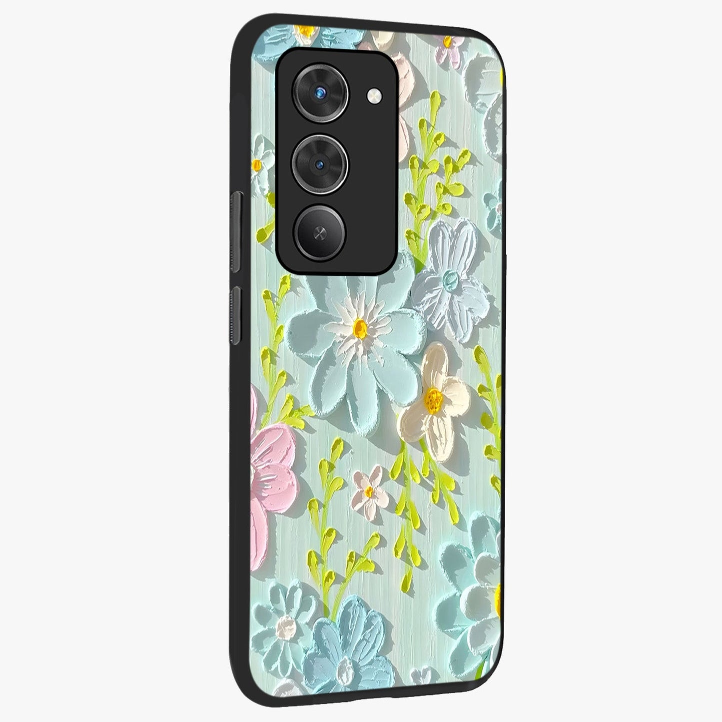 Frosted Petal Garden Glass Case upright view showcasing elegant floral garden artwork with soothing pastel theme.