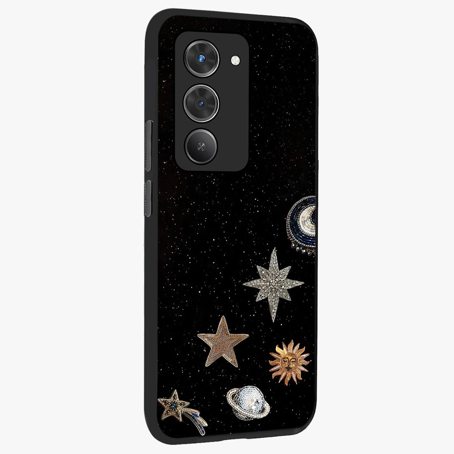 Galactic Charm Glow Glass Case upright view showcasing glowing cosmic charm artwork with magical celestial style.