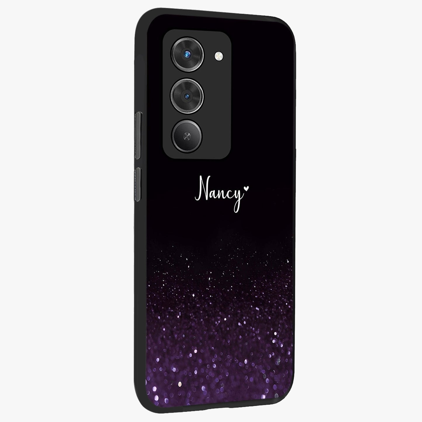 Glittery Purple Bokeh Custom Name Glass Case upright view showcasing vibrant purple sparkle artwork with personalized aesthetic style.