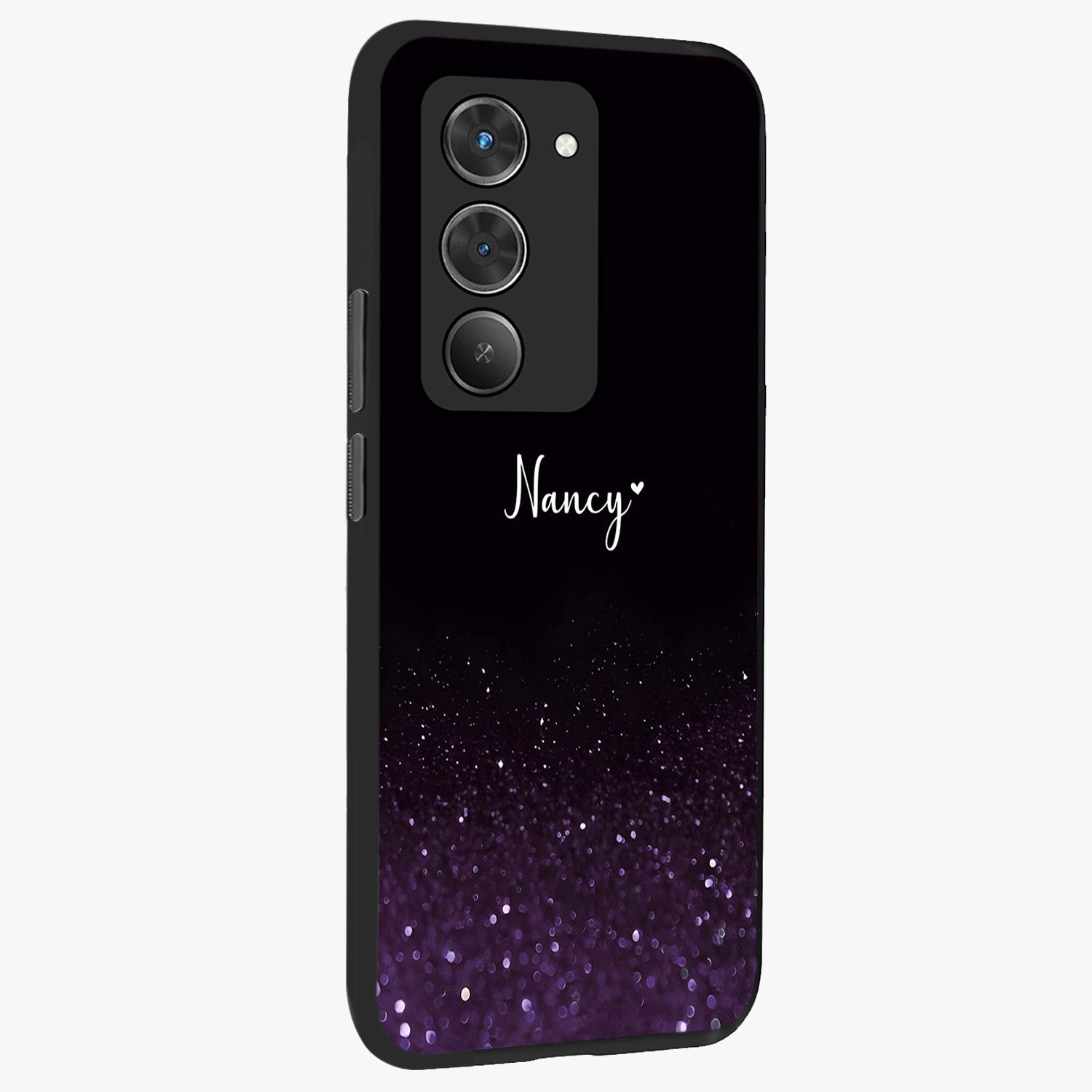 Glittery Purple Bokeh Custom Name Glass Case upright view showcasing vibrant purple sparkle artwork with personalized aesthetic style.