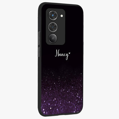 Glittery Purple Bokeh Custom Name Glass Case upright view showcasing vibrant purple sparkle artwork with personalized aesthetic style.