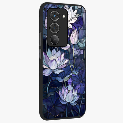 Gloss Petal Rush Glass Case upright view showcasing dynamic floral petal artwork with modern botanical theme.