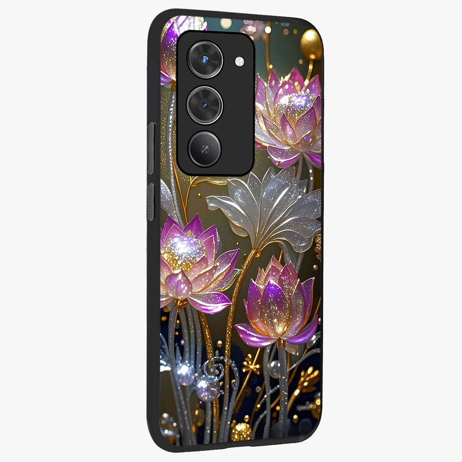 Golden Floral Majesty Glass Case upright view showcasing majestic floral artwork with rich decorative theme.