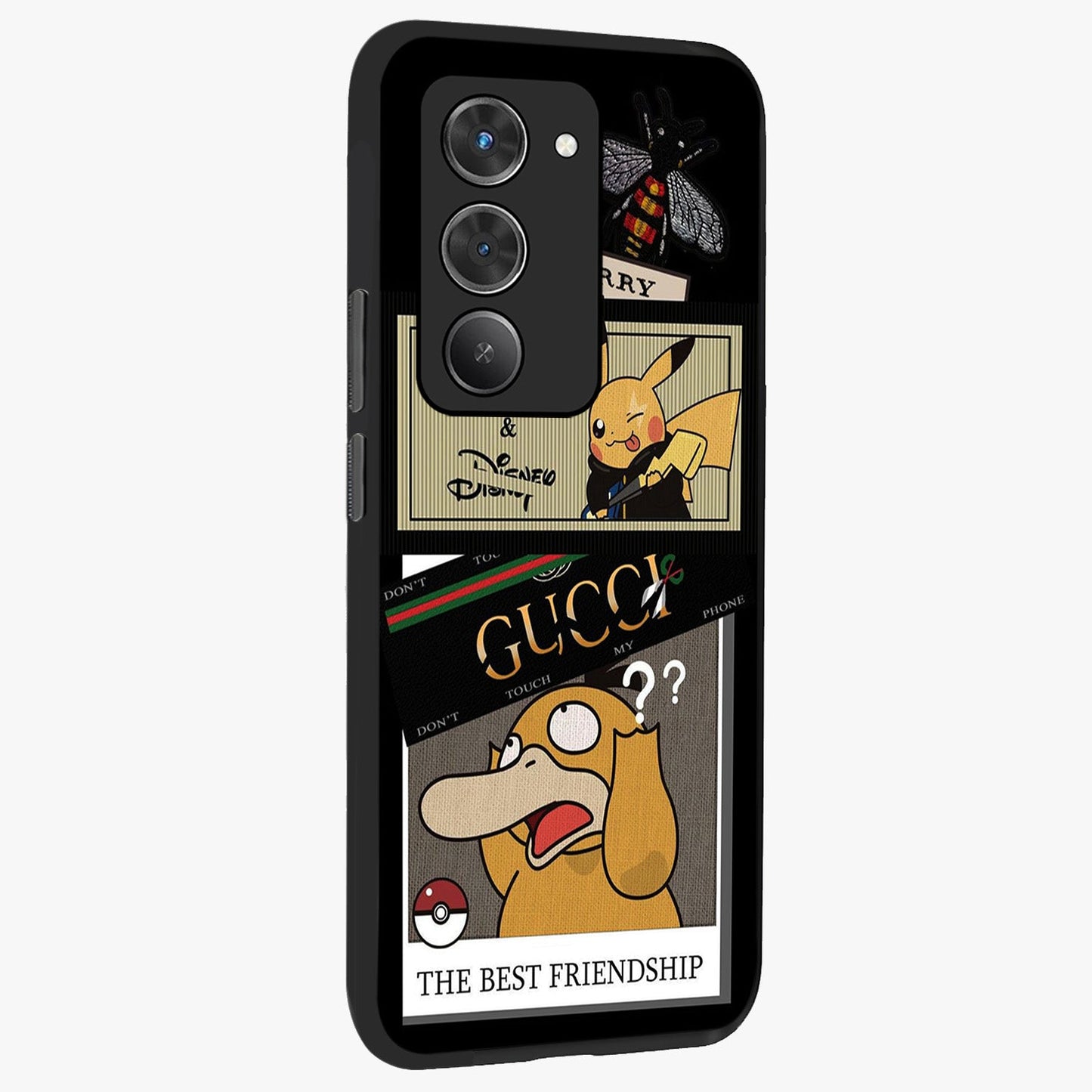 Gucci Play Mashup Glass Case upright view showcasing trendy luxury inspired artwork with modern fashion theme.
