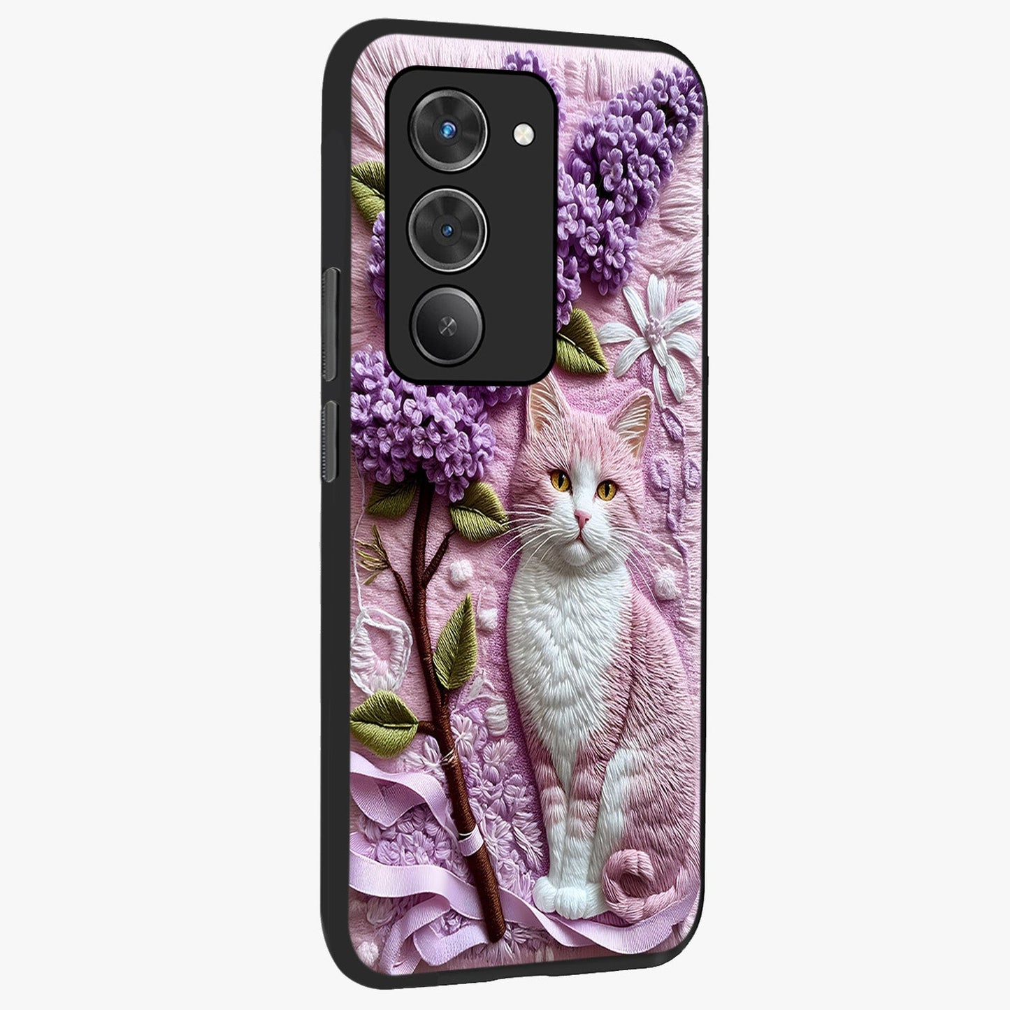 Lavender Cat Whimsy Glass Case upright view showcasing charming cat artwork with whimsical lavender theme.