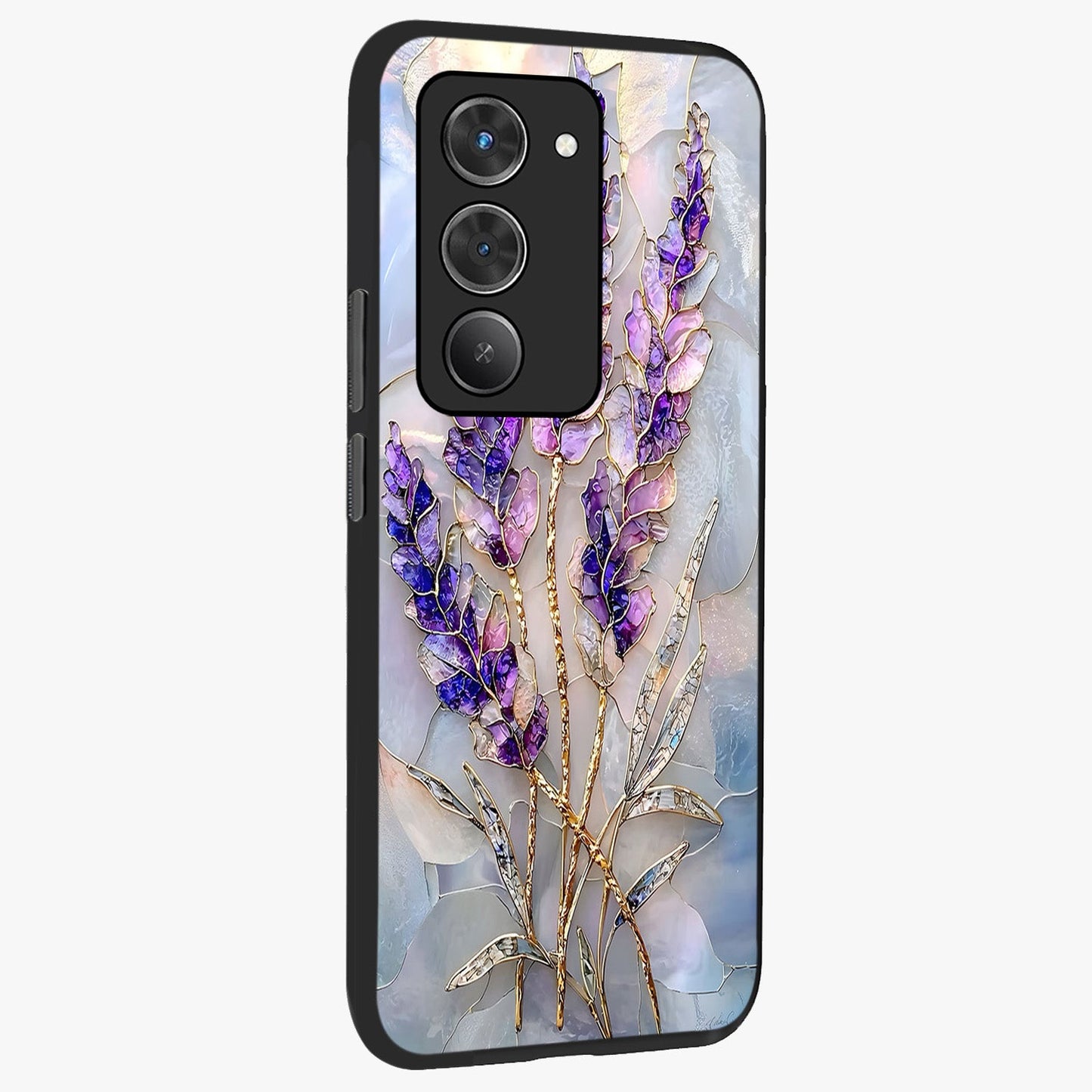 Lavender Dream Glow Glass Case upright view showcasing radiant lavender glow artwork with calming dreamy theme.