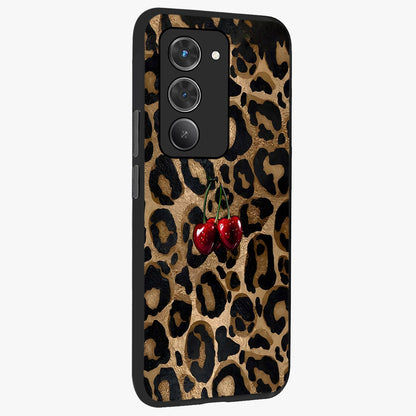 Leopard Wild Cherry Glass Case upright view showcasing stylish leopard pattern artwork with trendy fashion theme.