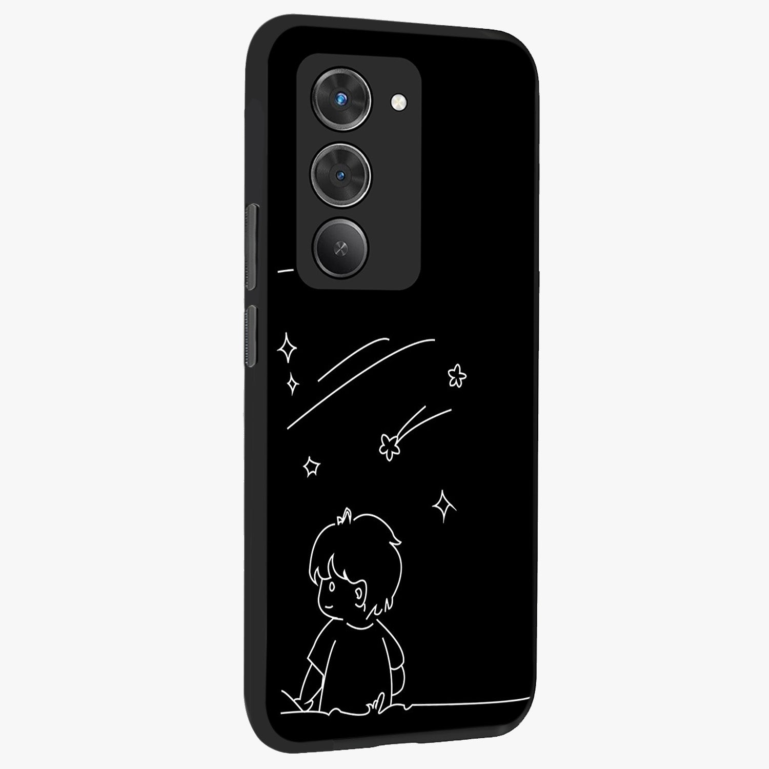 Line Art Boy With Shooting Stars Glass Case upright view showcasing artistic shooting star illustration with minimal style.