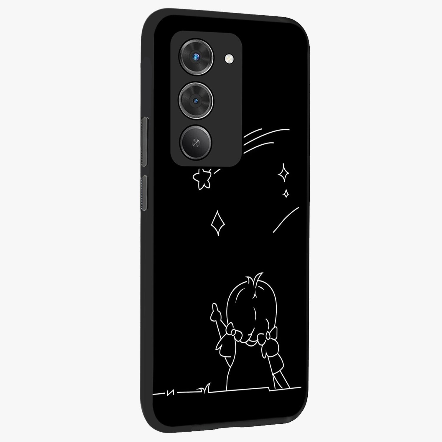 Line Art Girl With Shooting Stars Glass Case upright view showcasing delicate shooting stars artwork with minimal artistic theme.