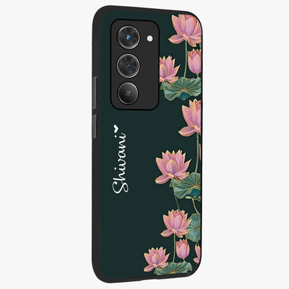 Lotus Bloom Serenity Custom Name Glass Case upright view showcasing serene lotus bloom artwork with personalized floral aesthetic.