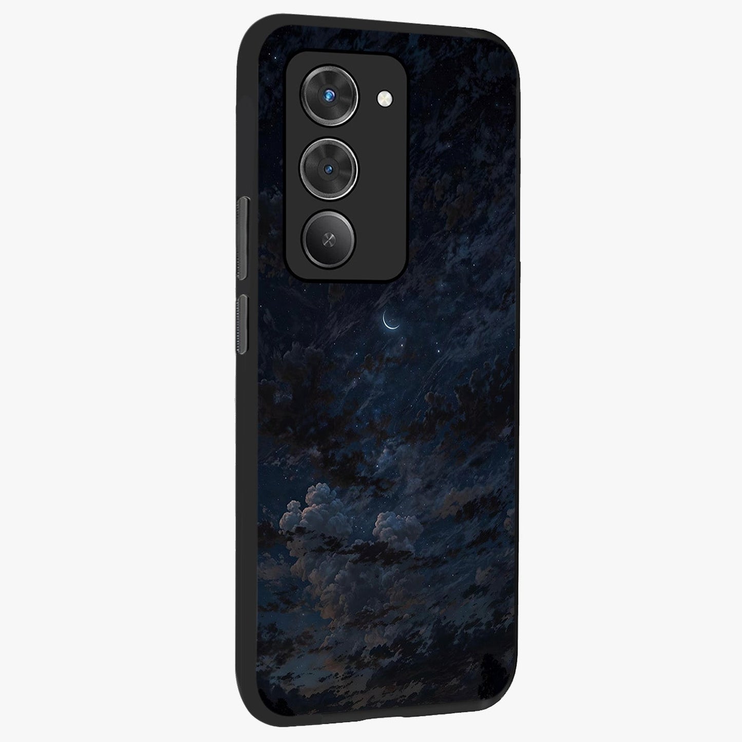 Lunar Veil Silence Glass Case upright view showcasing calm moon themed artwork with serene night atmosphere.
