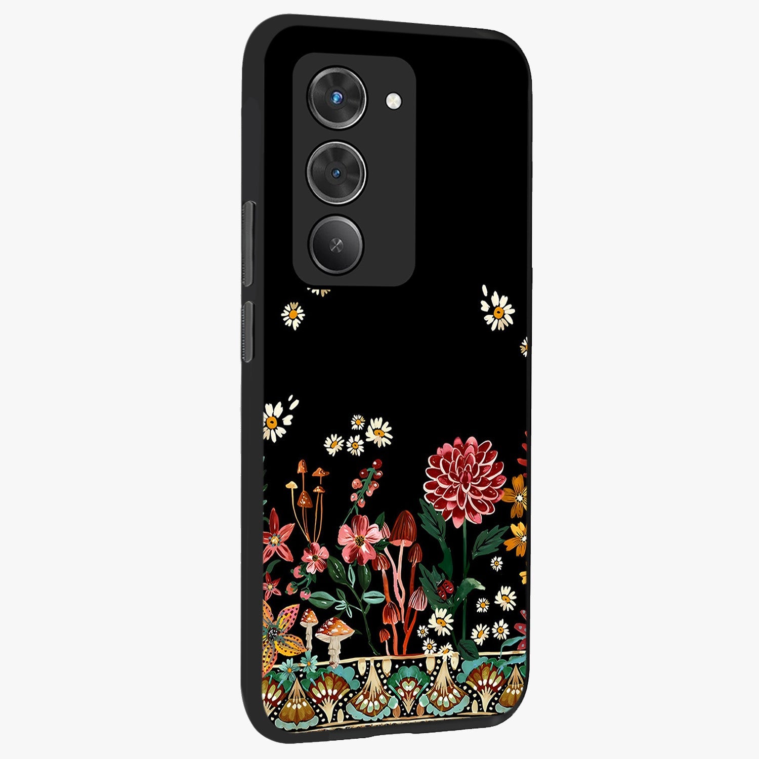 Midnight Bloom Pattern Glass Case upright view showcasing decorative floral artwork with deep night themed palette.