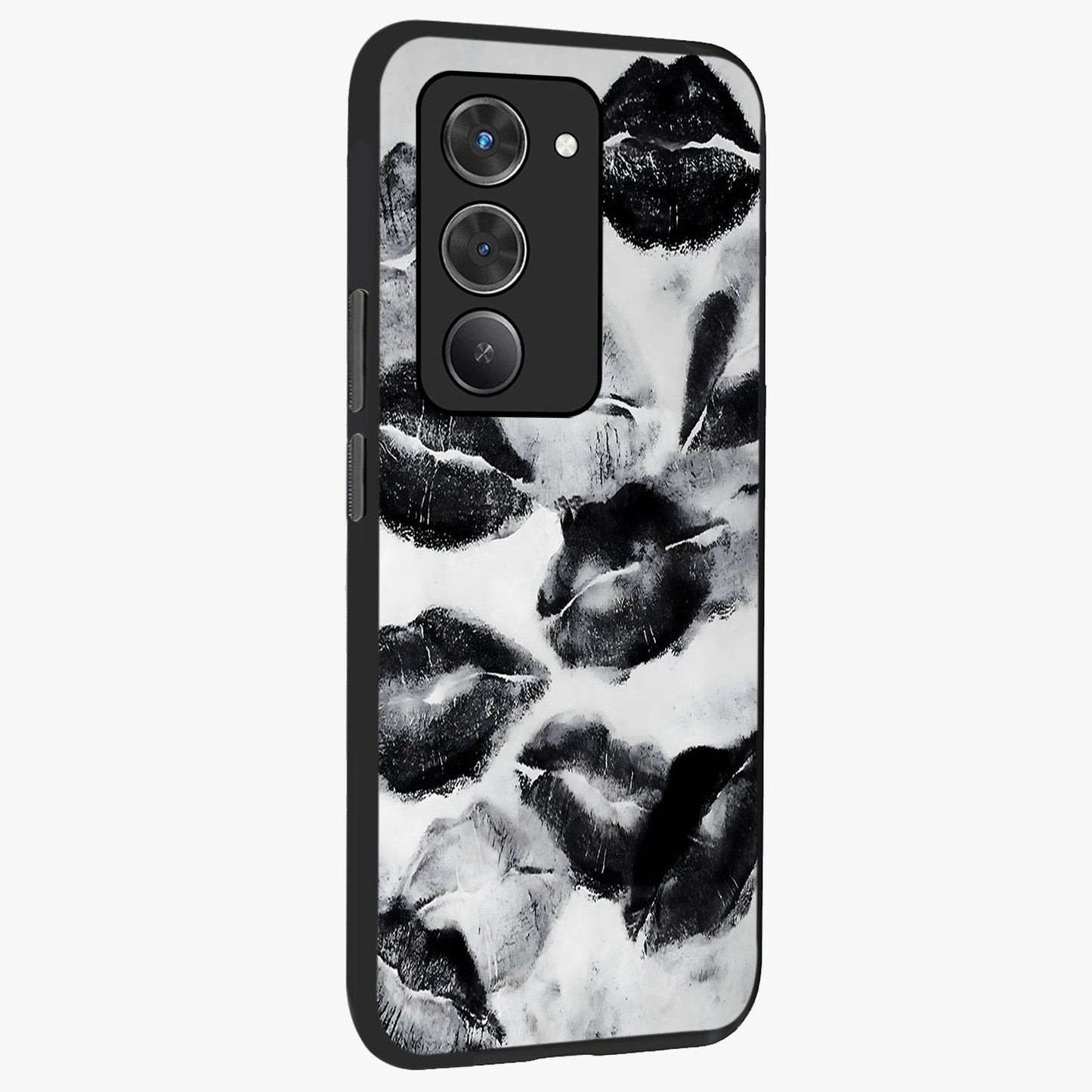 Midnight Kiss Marks Glass Case upright view showcasing stylish kiss mark artwork with trendy romantic theme.